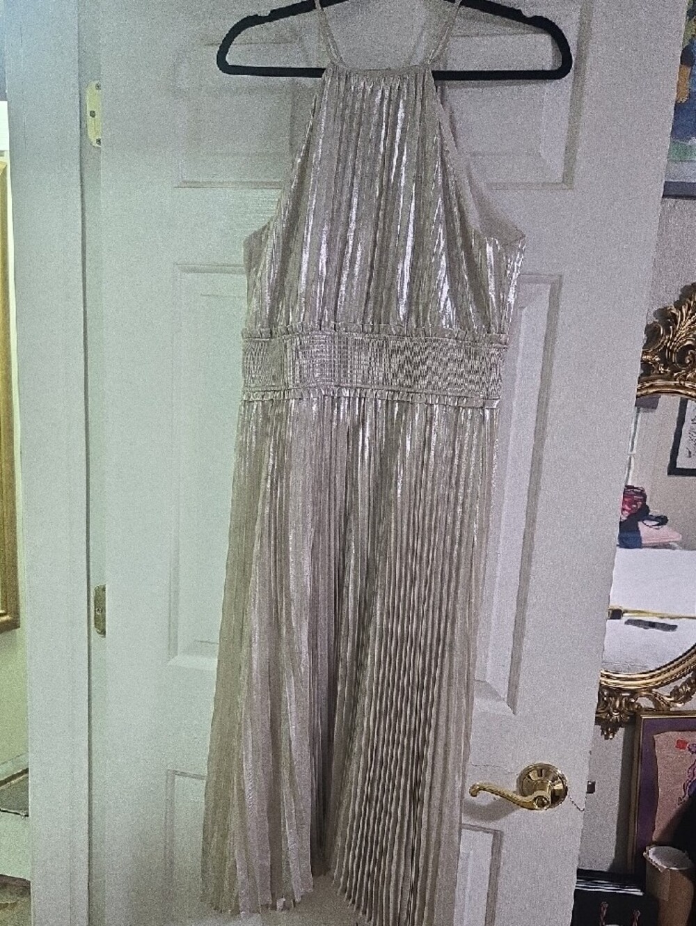 Express Metallic Pleated Halter Dress - Silver/Cream - Picture 6 of 13